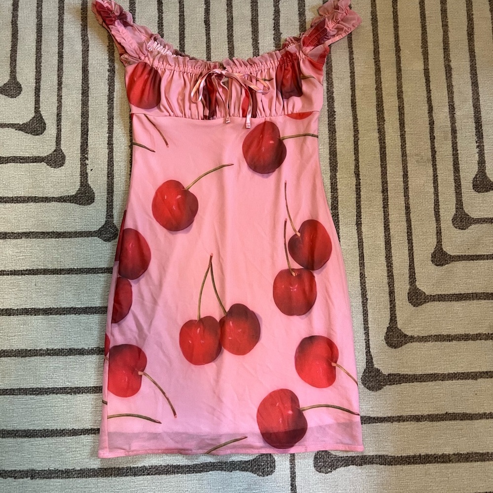Kimchi Blue by Urban Outfitters Pink Cherry Print Off-Shoulder Dress